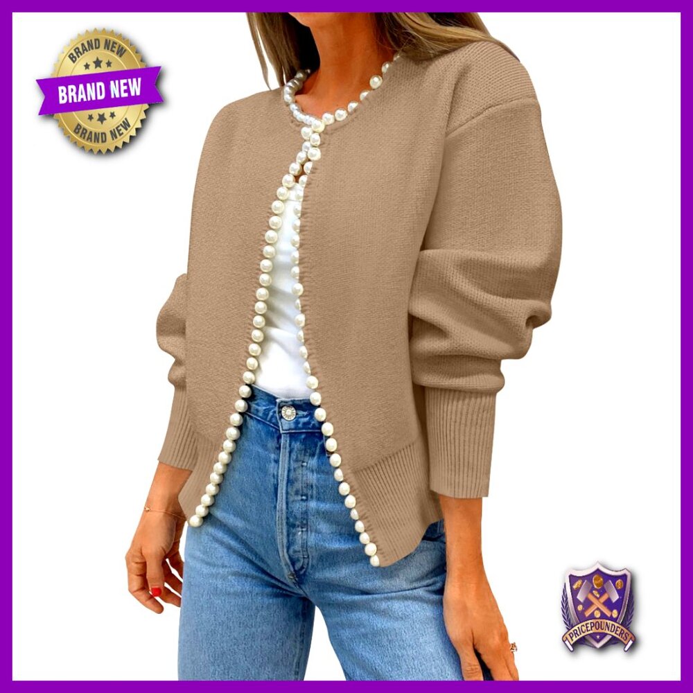Open Front Cardigan Sweater with Pearl Trim, Knitted Long Sleeve Outerwear